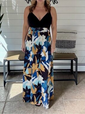 Black Bodice Maxi Dress with Blue, Mustard and White Floral Skirt